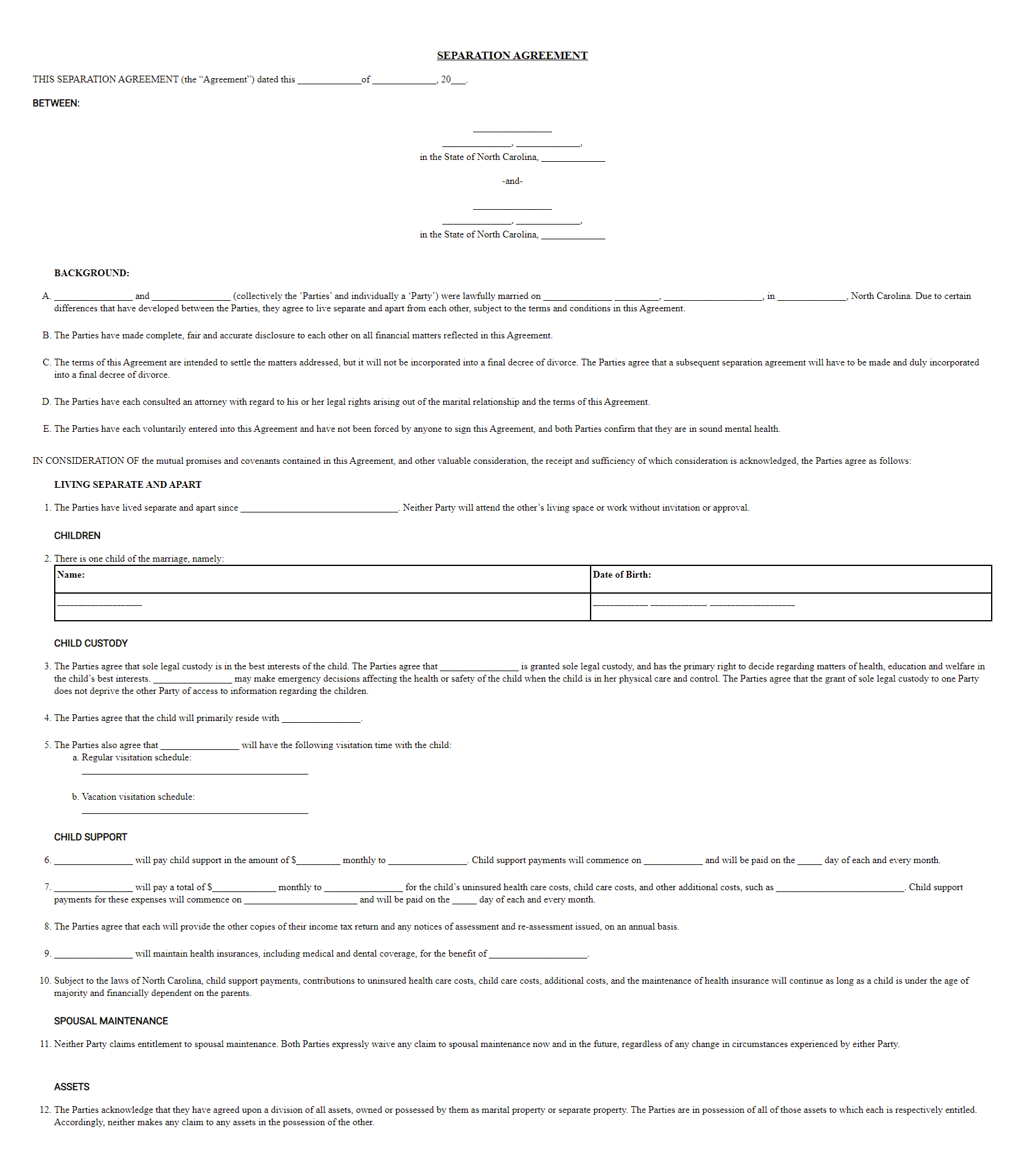 Free North Carolina Marital Separation Agreement - Forms.Legal Pertaining To mutual child support agreement template