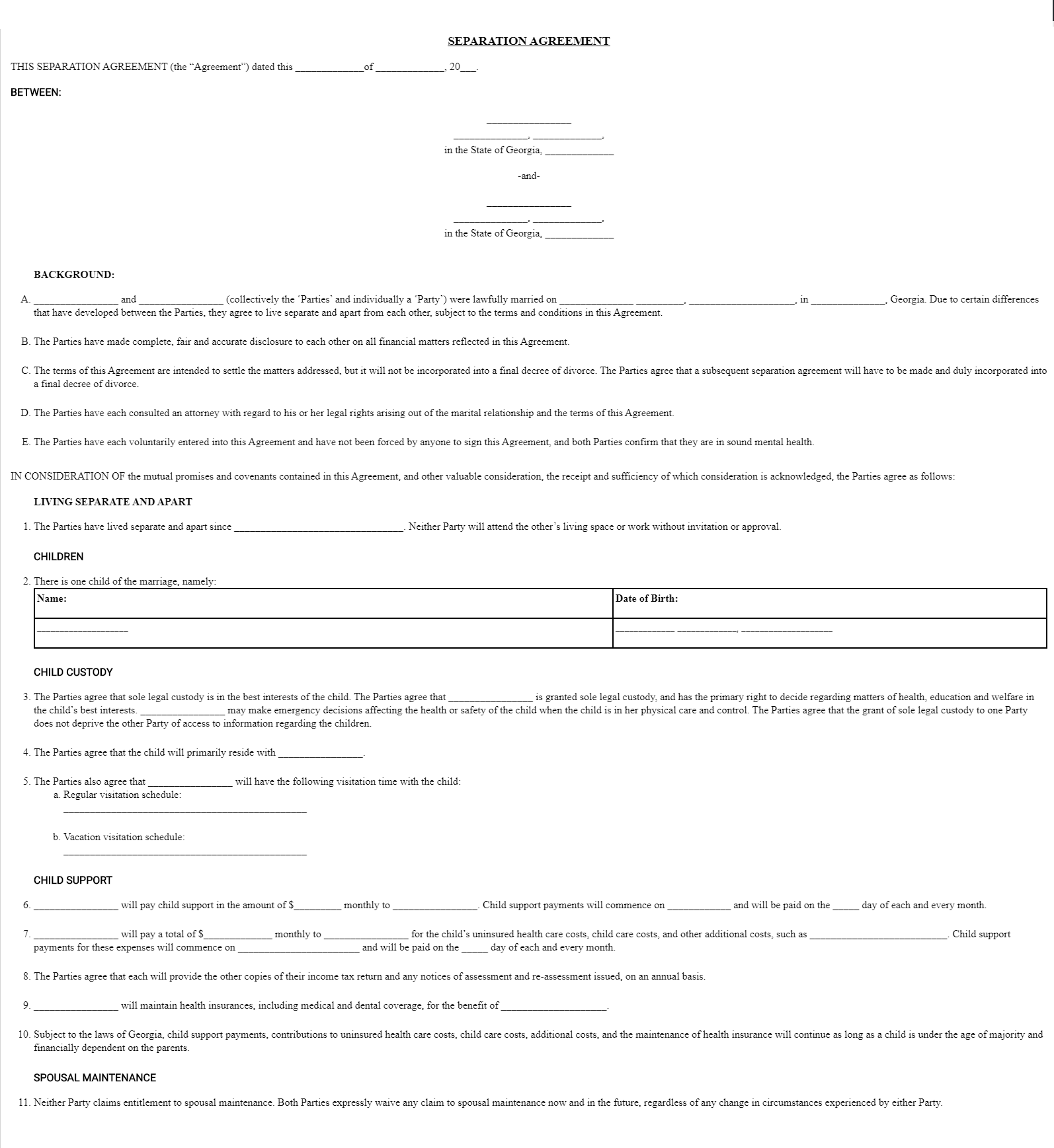 Free Georgia Marital Separation Legal Agreement Forms Forms Legal