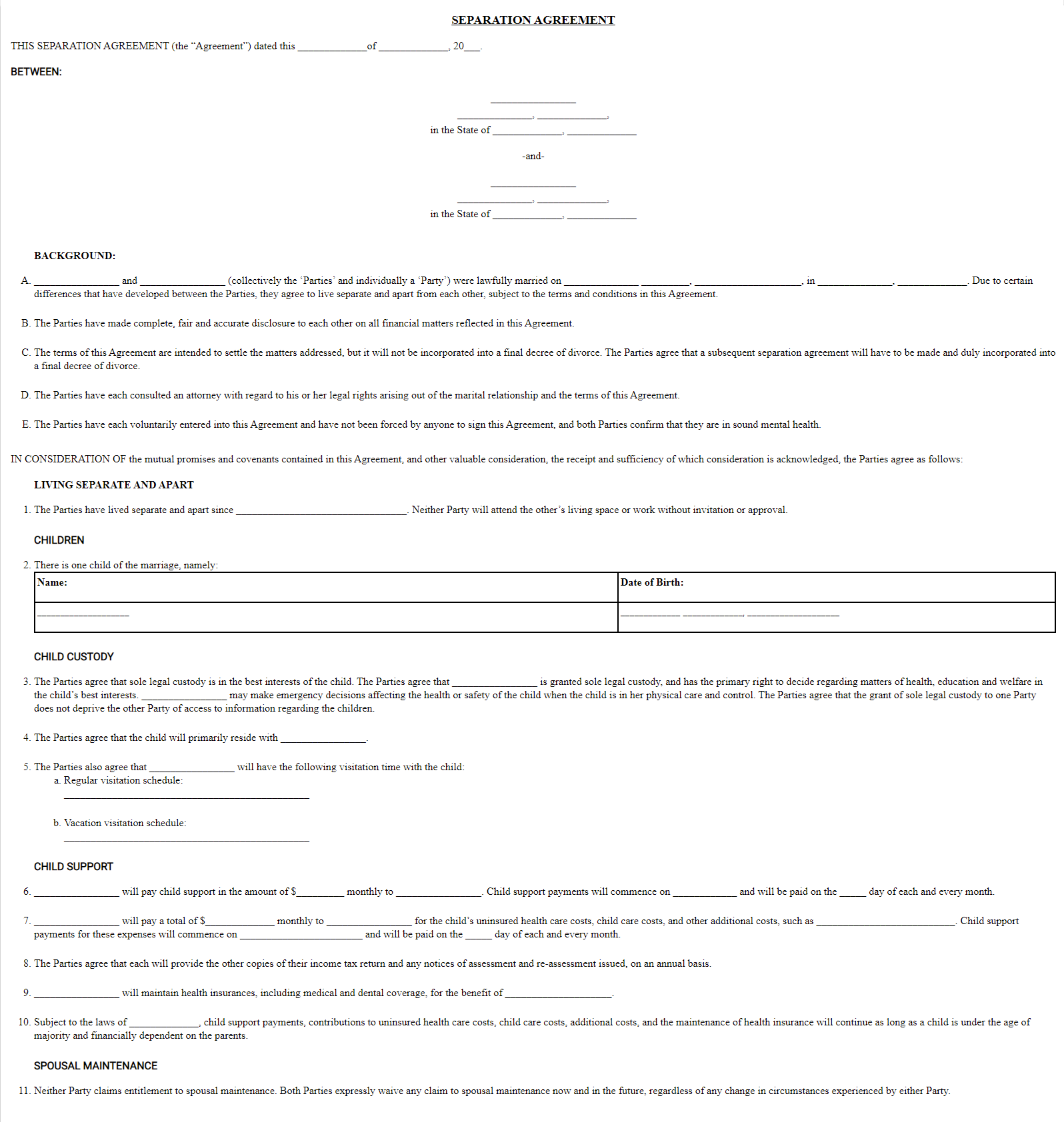 marital separation agreement template