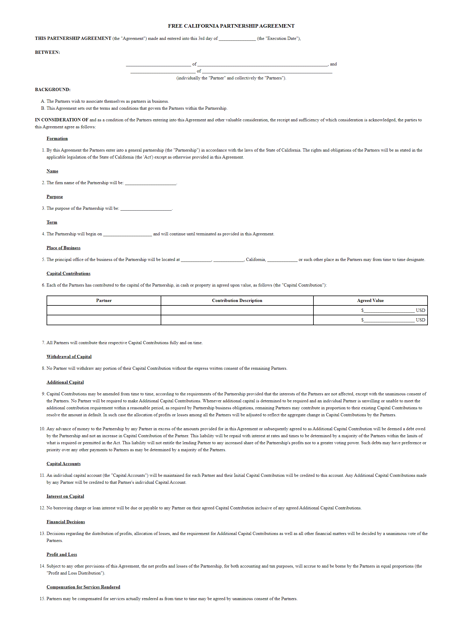Partnership Agreement California- LLC Partnership Agreement Form