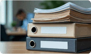 Work documents and binders on a table