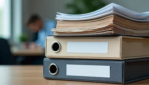Work documents and binders on a table
